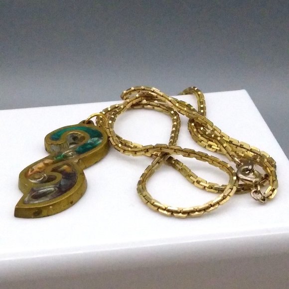 Modernist Brass Pendant Necklace with Stone and Resin Inlay, Retro Abstract Boho - Picture 3 of 5